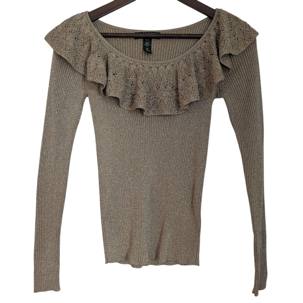 Ralph Lauren Size PP Gold Metallic Sweater Ruffle Holiday Top Coquette Glam Silk